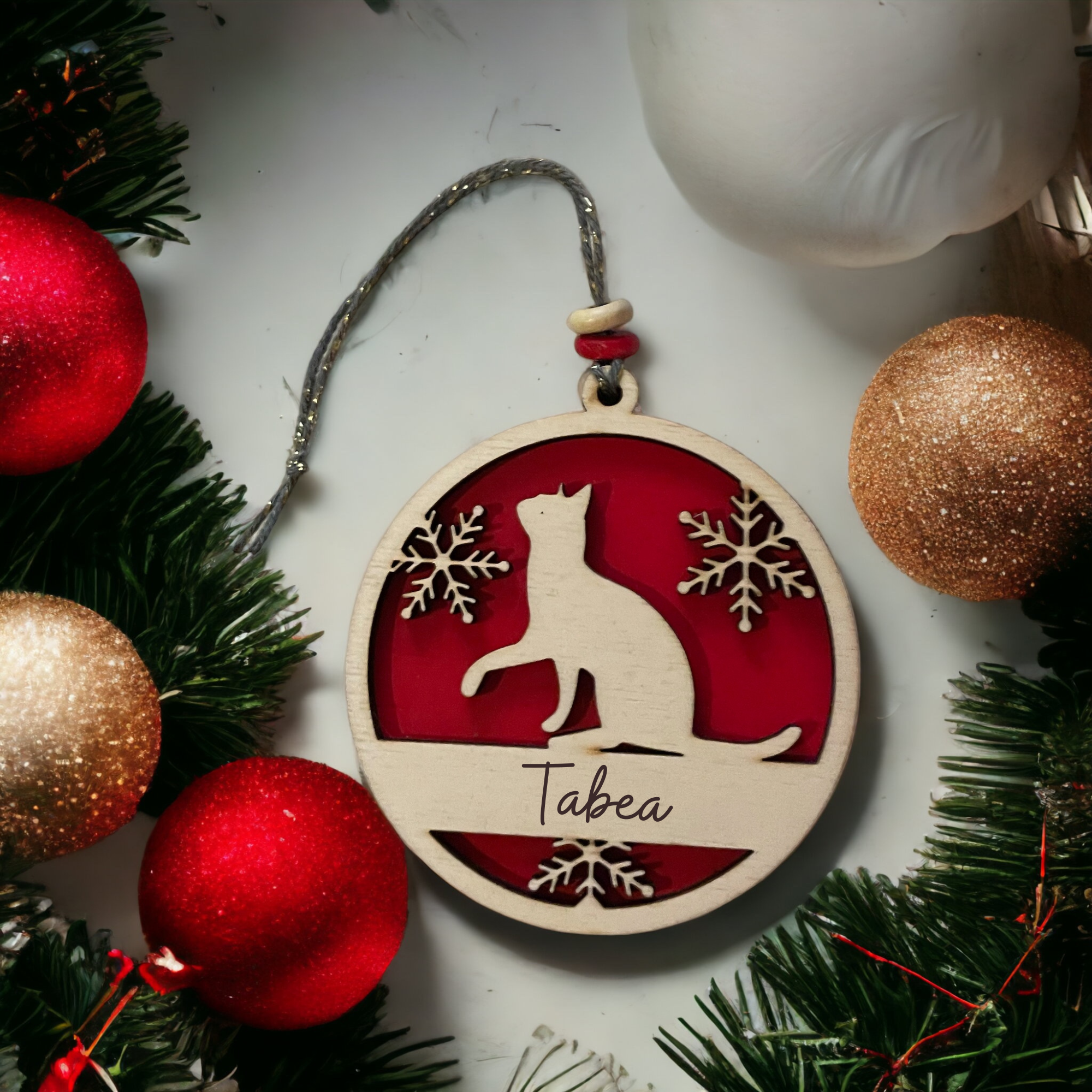Personalized Wooden Cat Christmas Ornament - Customizable Pet Name