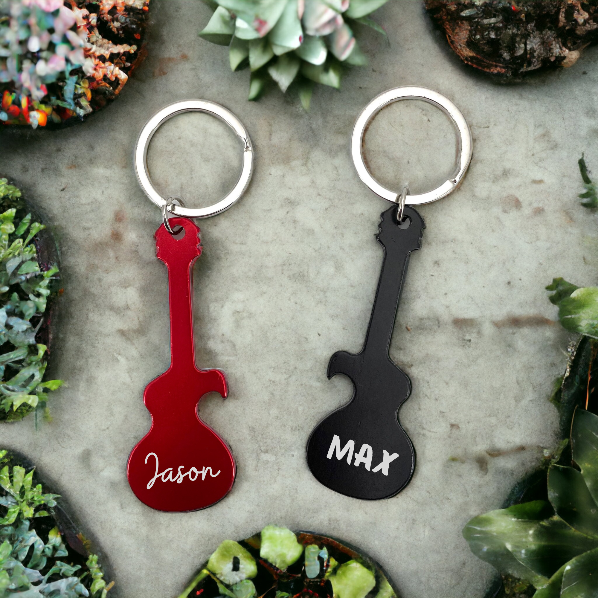 Guitar-Shaped Metal Keyring and Bottle Opener - Customize with Your Name