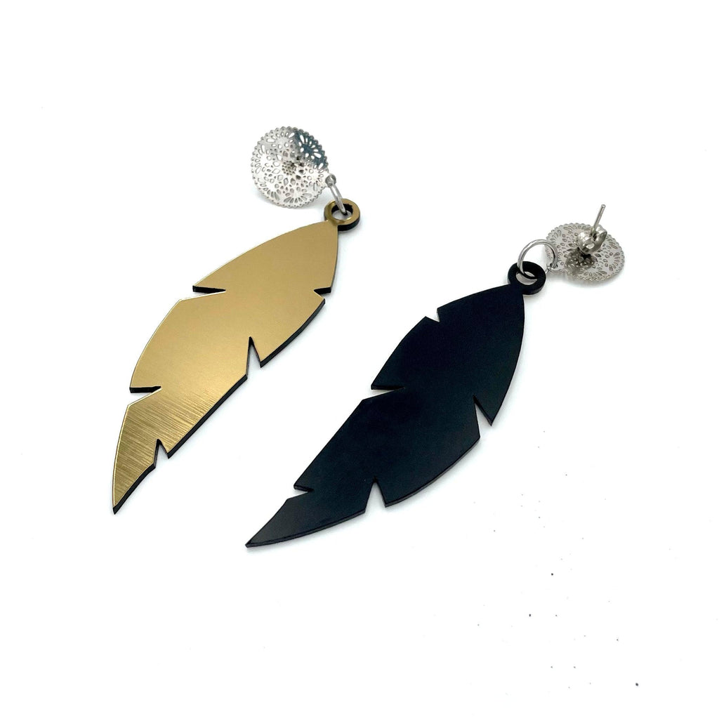 Stylish Golden Black Acrylic feather Earrings with Stainless Steel Attachment - GiftShop.lu